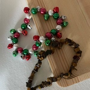 Christmas beads and chimes bells and brown chips- 2 stretchy strands bracelet